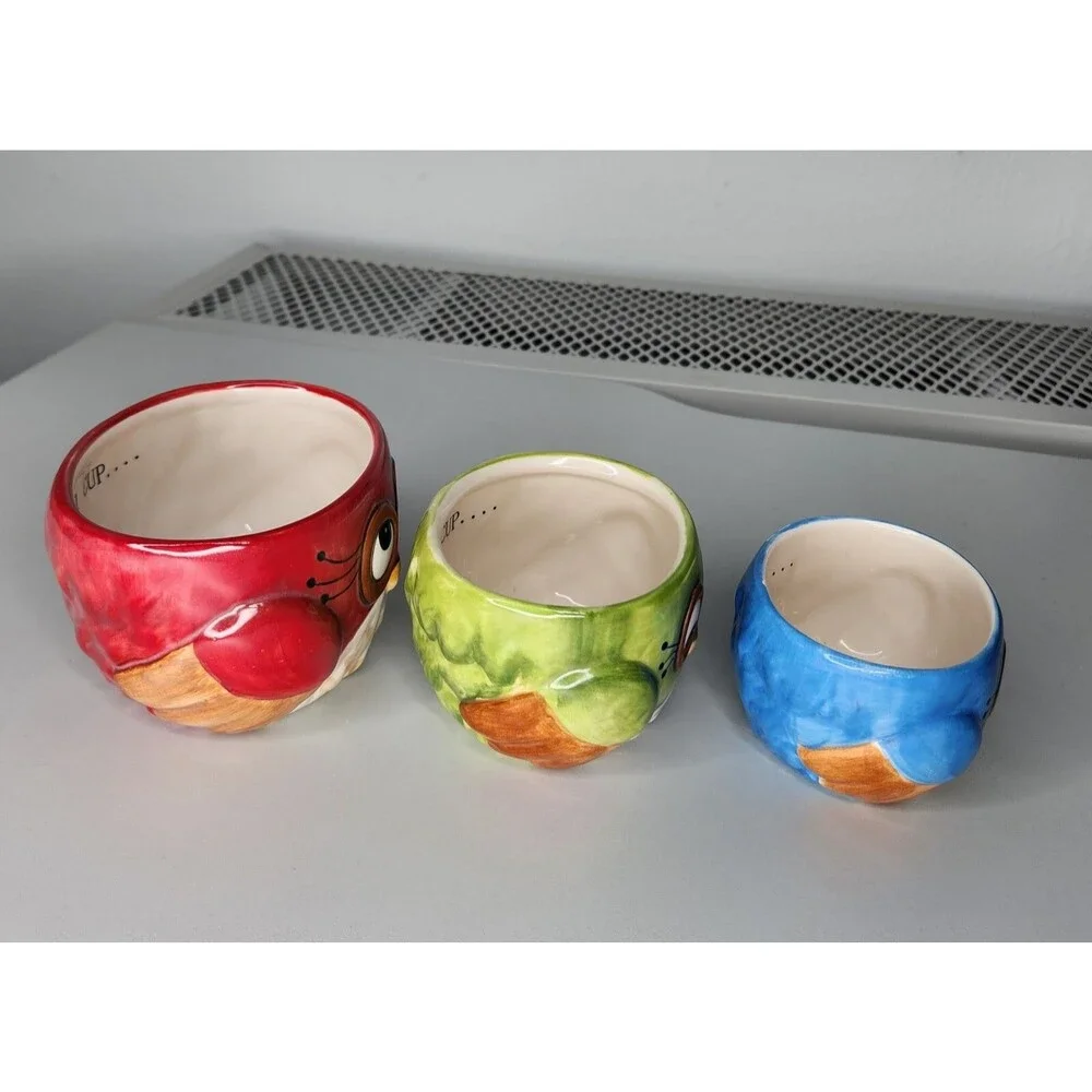 Set Of 3 Laurie Furnell Painted Ceramic Owl Bird Measuring Cups Nesting Colorful